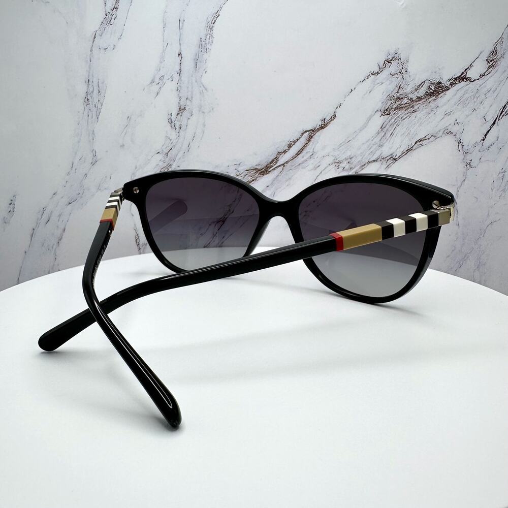 New Burberry Sunglasses Black Cat Eye Check Arms Gold Hardware Womens BURBERRY - Picture 14 of 16
